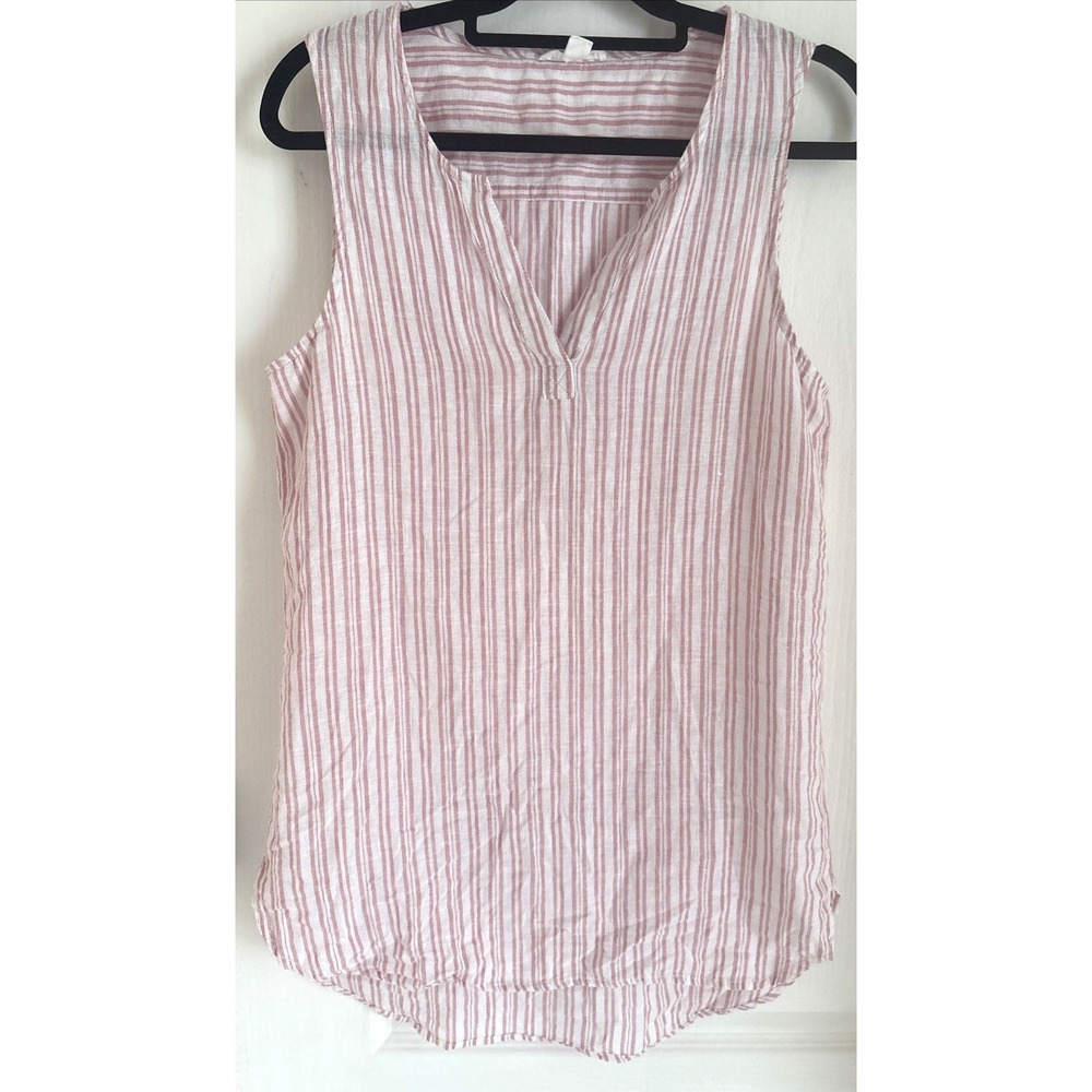 Beach Lunch Lounge Dress Pink White Striped Linen Cotton Sleeveless Coastal Sz M